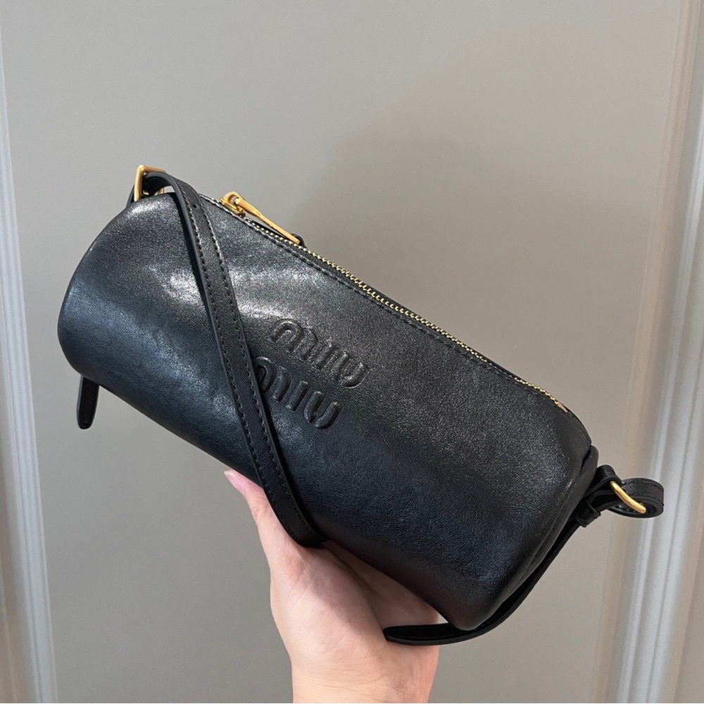 Miu Miu Black Leather Cylindrical Shoulder Bag with Gold Hardware